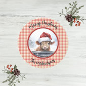 Highland Cow Red White Gingham Monogram Christmas コースター