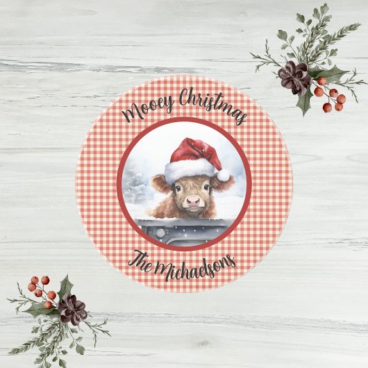 Highland Cow Red White Gingham Monogram Christmas コースター