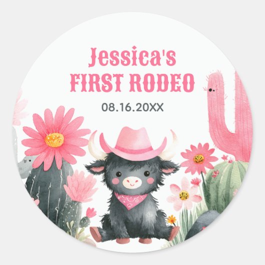 Highland Cow Rodeo Western Kids' First Birthday  ラウンドシール (正面)