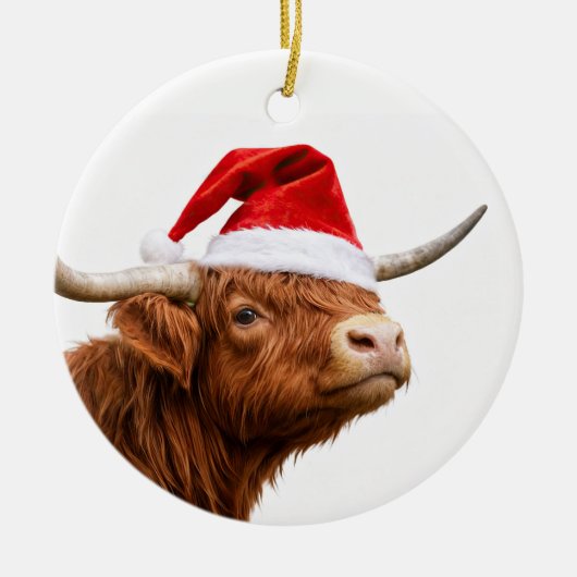 Highland Cow Santa Hat Cute Christmas Holiday セラミックオーナメント (正面)