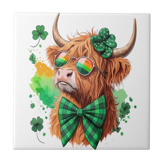 Highland Cow St Patrick’s Png, Lucky Cow タイル (正面)