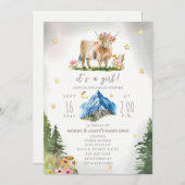 Highland Cow Stars Floral Mountain Baby Shower  招待状 (正面/裏面)