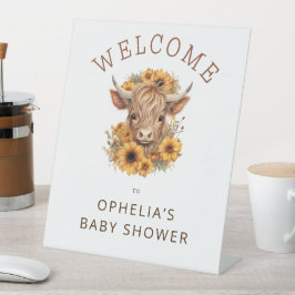 Highland Cow Sunflowers Welcome Baby Shower 台座サイン