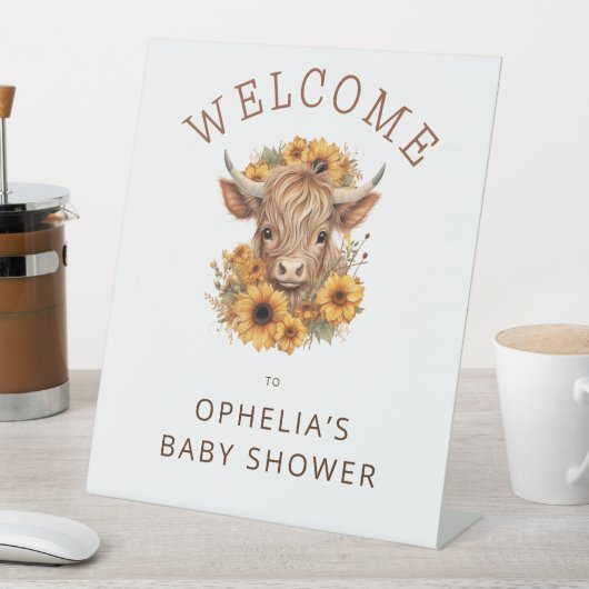 Highland Cow Sunflowers Welcome Baby Shower 台座サイン (インサイチュ)