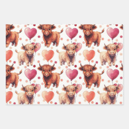 Highland Cow Valentine Pink Balloon Hearts Gift ラッピングペーパーシート
