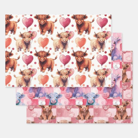 Highland Cow Valentine Pink Balloon Hearts Gift ラッピングペーパーシート (セット)