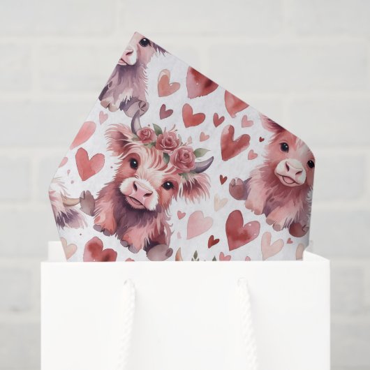 Highland Cow Valentine Pink Floral Watercolor 薄葉紙 (ギフトバッグ)