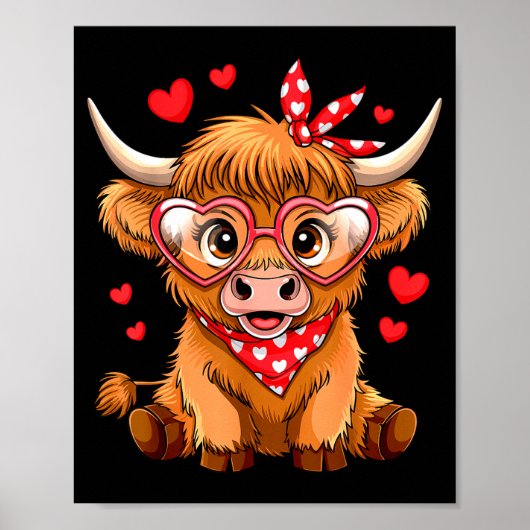 Highland Cow Valentines Day Funny Hearts Valentine ポスター (正面)