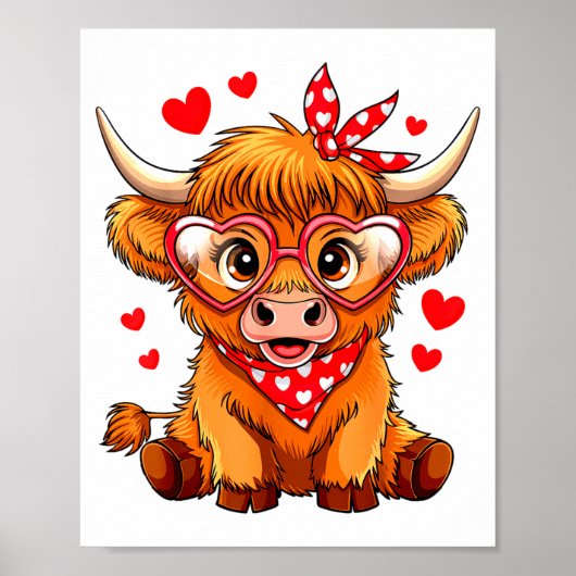 Highland Cow Valentines Day Funny Hearts Valentine ポスター (正面)