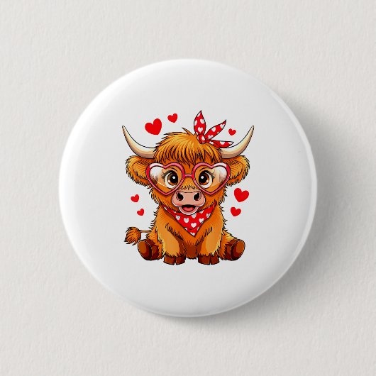 Highland Cow Valentines Day Funny Hearts Valentine 缶バッジ (正面)