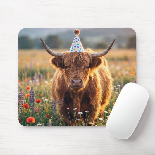 Highland Cow Wearing a Birthday Party Hat マウスパッド (マウス)