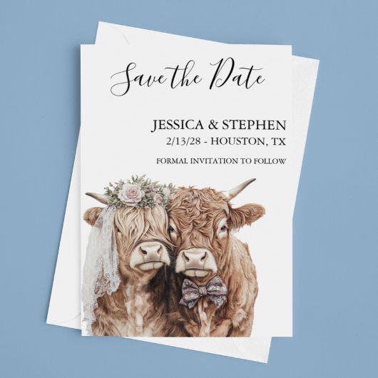 Highland Cow Wedding Watercolor Portraits  セーブザデート