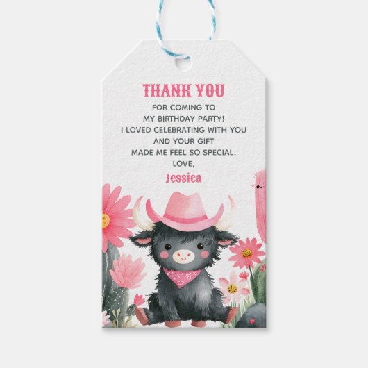 Highland Cow Western Kids Birthday Thank You  ギフトタグ (正面)