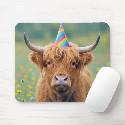 Highland Cow with Birthday Party Hat マウスパッド (マウス)