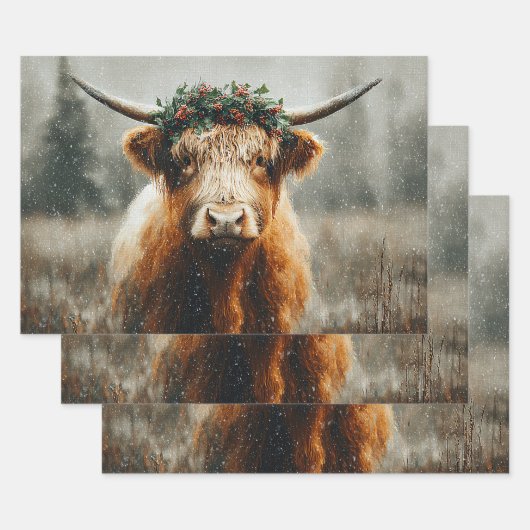 Highland Cow With Christmas Wreath Crown ラッピングペーパーシート (セット)