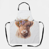 Highland Cow with Floral Crown Watercolor Illustra エプロン (正面)