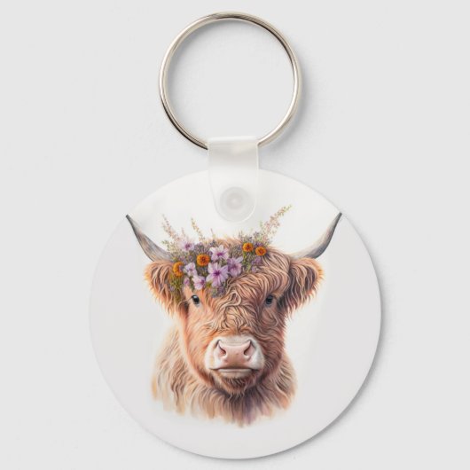 Highland Cow with Floral Crown Watercolor Illustra キーホルダー (正面)
