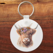 Highland Cow with Floral Crown Watercolor Illustra キーホルダー (裏面)