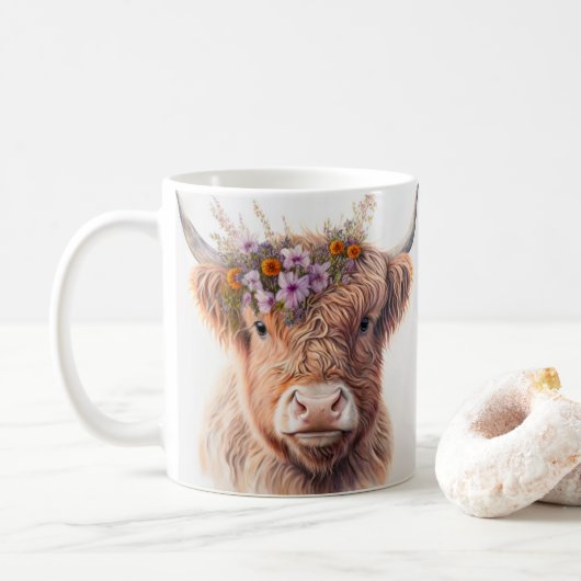 Highland Cow with Floral Crown Watercolor Illustra コーヒーマグカップ (ドーナツ)