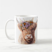 Highland Cow with Floral Crown Watercolor Illustra コーヒーマグカップ (左)