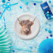 Highland Cow with Floral Crown Watercolor Illustra ペーパープレート (パーティー)