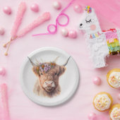 Highland Cow with Floral Crown Watercolor Illustra ペーパープレート (パーティー)