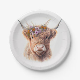 Highland Cow with Floral Crown Watercolor Illustra ペーパープレート