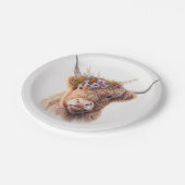 Highland Cow with Floral Crown Watercolor Illustra ペーパープレート (アングル)