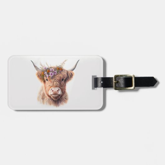Highland Cow with Floral Crown Watercolor Illustra ラゲッジタグ (正面横)