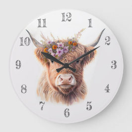 Highland Cow with Floral Crown Watercolor Illustra ラージ壁時計
