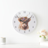 Highland Cow with Floral Crown Watercolor Illustra ラージ壁時計 (ホーム)