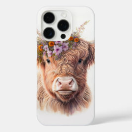 Highland Cow with Floral Crown Watercolor Illustra iPhone 16 Proケース
