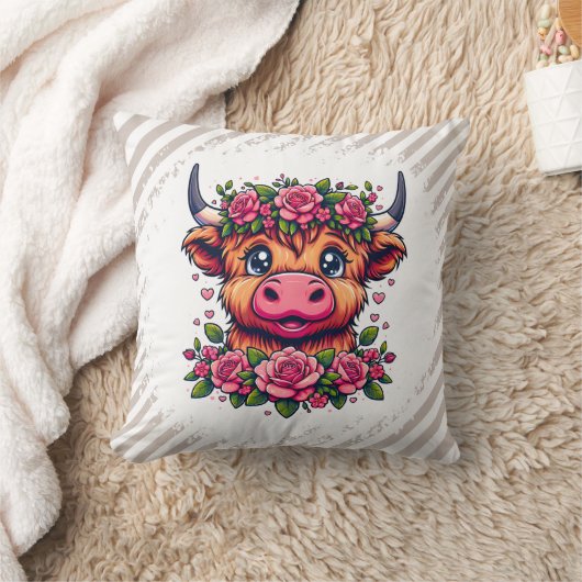 Highland Cow with Rose Crown クッション (ブランケット)