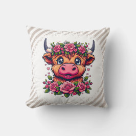 Highland Cow with Rose Crown クッション
