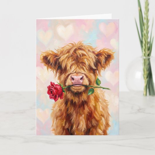 Highland Cow with Rose - Cute Valentine Animal  シーズンカード (正面)