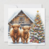Highland cows, tree and a barn Christmas card カード (正面)
