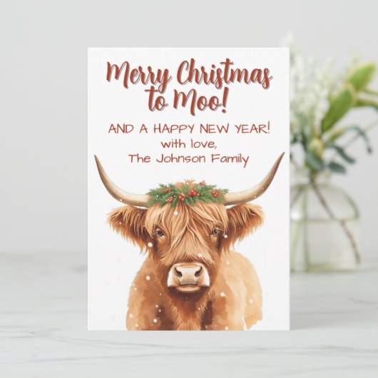 Highland Miniature Cow Festive Christmas Greenery カード (スタンド正面)