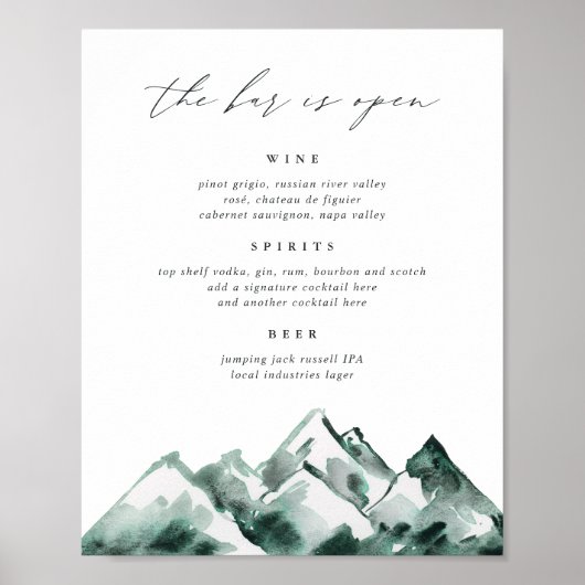 Highland | Mountain Wedding Bar Menu Sign ポスター (正面)