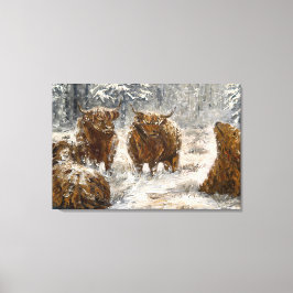  Highland Soul: Whimsical Snowy Cows Vintage キャンバスプリント