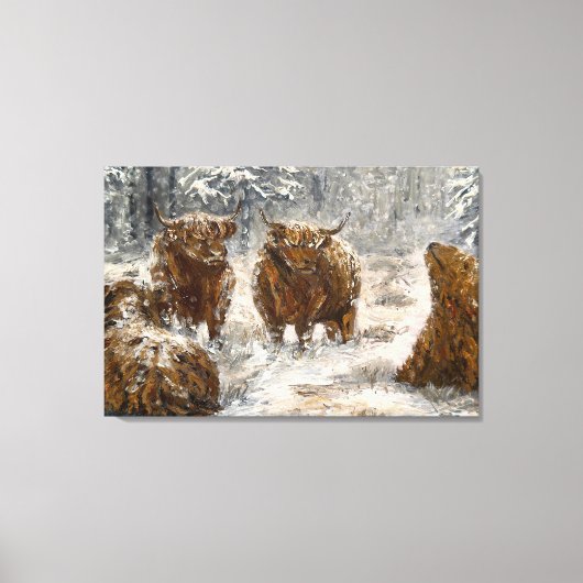  Highland Soul: Whimsical Snowy Cows Vintage キャンバスプリント (正面)