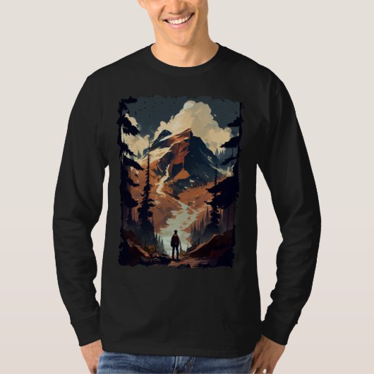 Hiking camping mountains sunset hiker retro 70s vi tシャツ (正面)