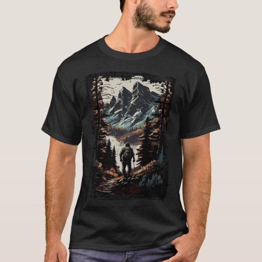 Hiking camping mountains sunset hiker retro 70s vi tシャツ (正面)