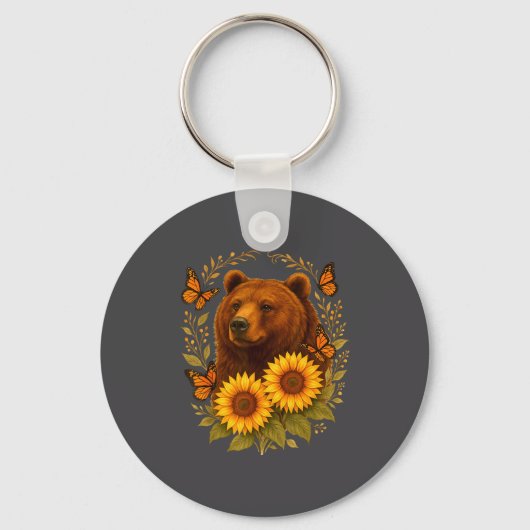 Hilarious Bear Butterfly Nature Rustic Sunflower M キーホルダー (正面)