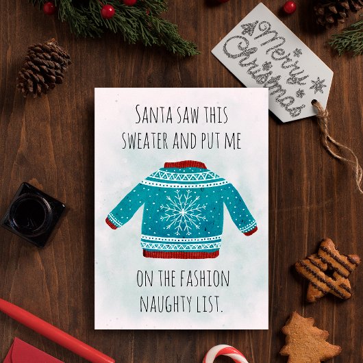 Hilarious Naughty List Blue Ugly Christmas Sweater シーズンカード