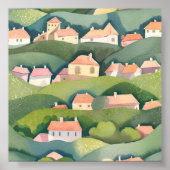 Hillside Homes | Nature Watercolor Airy Painting ポスター (正面)