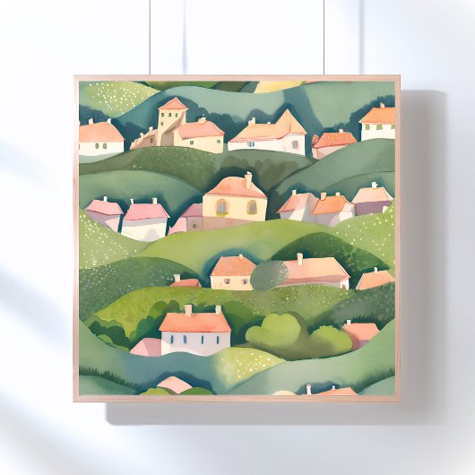 Hillside Homes | Nature Watercolor Airy Painting ポスター