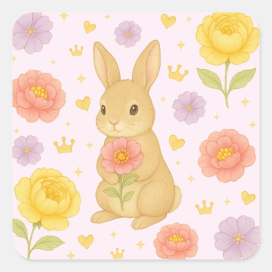 HIMEKARI Floral Bunny Sticker – Pink スクエアシール (正面)
