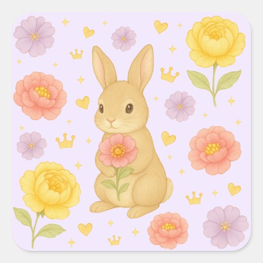 HIMEKARI Floral Bunny Sticker – Purple スクエアシール (正面)