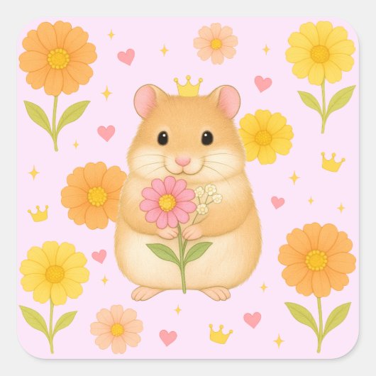 HIMEKARI Floral Hamster Sticker – Pink スクエアシール (正面)