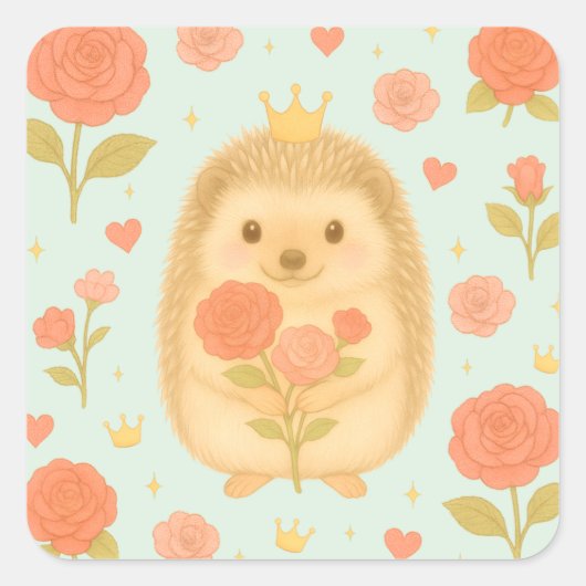 HIMEKARI Floral Hedgehog Sticker – Green スクエアシール (正面)